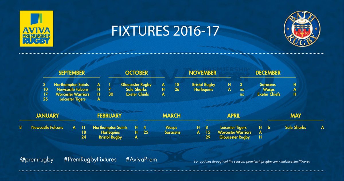 Bath Rugby 2016/17 Premiership fixture schedule announced