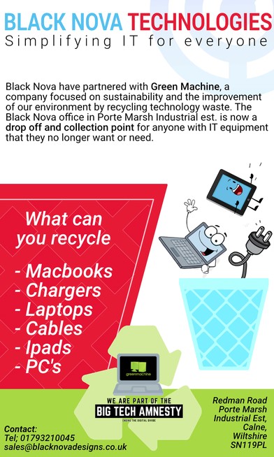 Drop off your old computers, tablets and laptops to Black Nova to be recycled!
