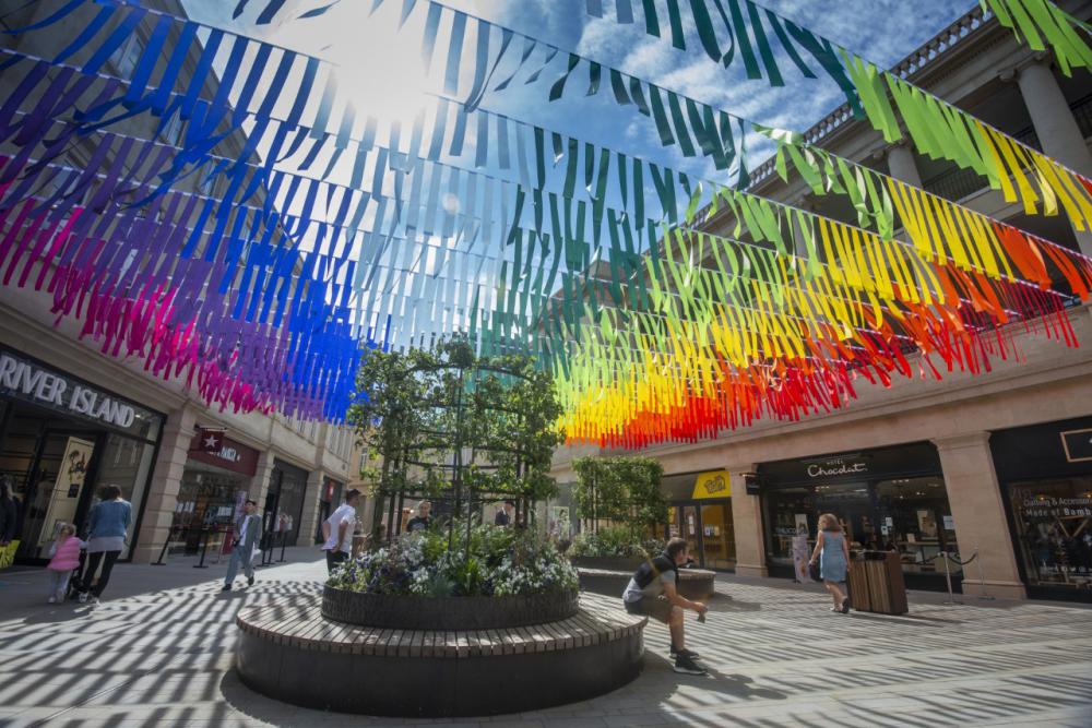 SouthGate Bath unveils vibrant rainbow bunting installation
